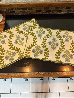 Floral Vine Embroidered pillow covers  - Blue & Olive on Cream